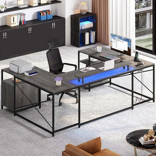 Vista 3 de YITAHOME Escritorio en Forma de U con Tomas de Corriente y Luces LED, Escritorio Reversible en Forma de L de 79" con Cajones, Escritorio de Esquina