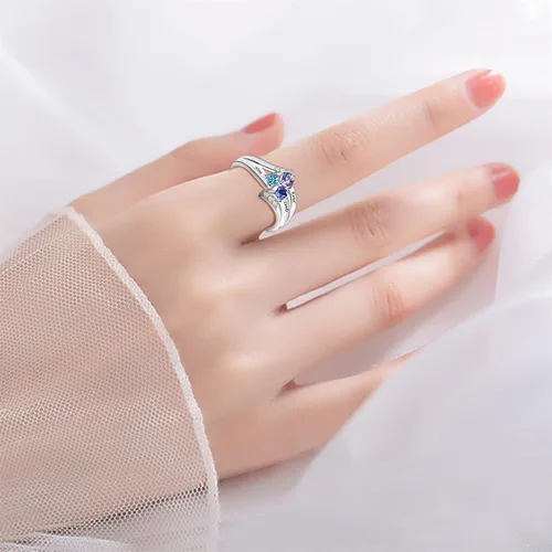 Vista 3 de MissNaNa Anillos personalizados de plata de ley 925 con piedras de nacimiento de imitación grabadas de 1 a 6 nombres de familia, anillos para el día