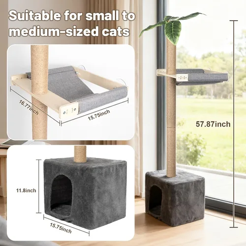 Vista 3 de XiaZ Percha para ventana para gatos con poste rascador alto, hamaca de ventana para gatos de 58 pulgadas con condominio para gatos, poste rascador