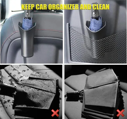 Vista 6 de PME Caja de almacenamiento multifunción para paraguas de coche, cubos de basura para asiento trasero, organizador colgante para reposacabezas