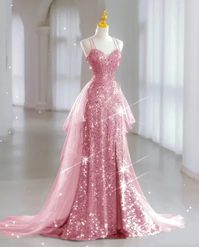 Vista 7 de Vestidos de novia de lentejuelas 2024, vestido largo de baile para mujer, vestido de graduación de tul brillante, vestido de fiesta con abertura