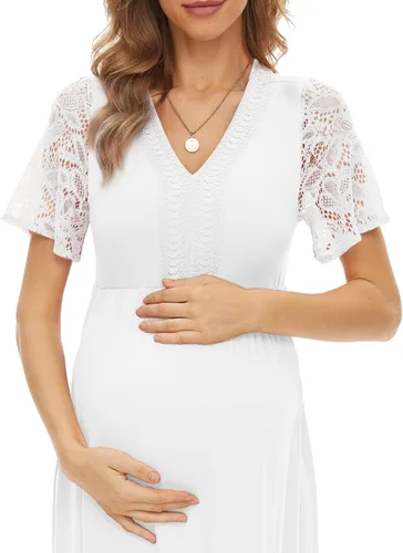 Vista 5 de Vestido de maternidad con cuello de encaje en Y, manga corta, vestido largo de maternidad para baby shower, sesión de fotos de maternidad, Rosado