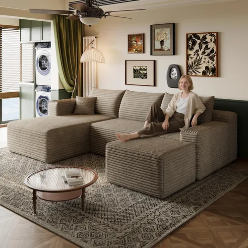 Vista 31 de Sofá modular en forma de L de 96 pulgadas con diván, moderno y cómodo sofá de pana para sala de estar, sofá de espuma viscoelástica, no requiere