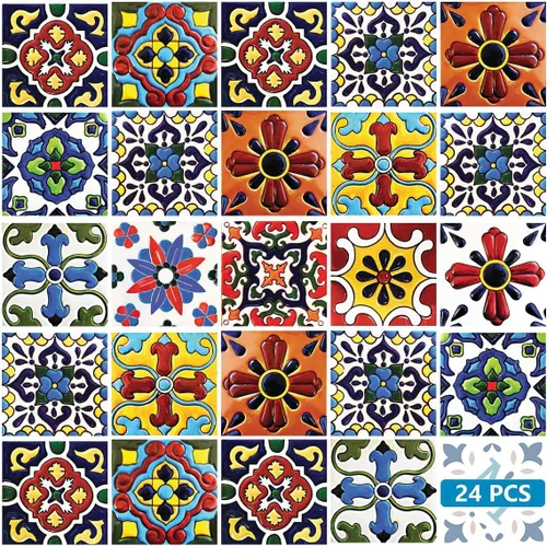 Vista 26 de Juego de 24 calcomanías para azulejos de salpicaduras en muro, azulejos tradicionales de Talavera, calcomanías para azulejos de baño y cocina