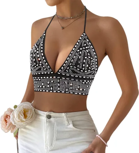 Vista 2 de Haoohu Camiseta sin mangas con diamantes brillantes para mujer, con diamantes brillantes, para fiesta, rave, ropa de club