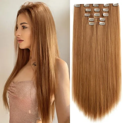 Vista 34 de Extensiones de cabello sintético con clip, color burdeos de 18 pulgadas de largo, invisibles, gruesas, extensiones de cabello lacio con clips, 5