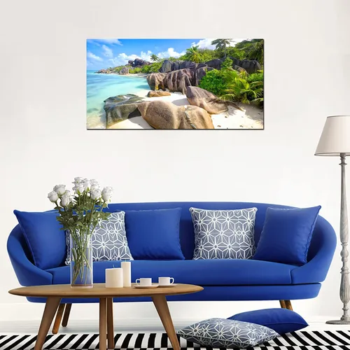 Vista 5 de YYYYHPP YP0762 - Cuadro de pared de playa, arte de pared, piedra de cocoteros en arenas, playa, paisaje marino, pintura de paisaje, imagen