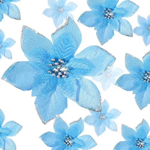 Vista 23 de WILLBOND 36 piezas de flores de Pascua navideñas de 3 tamaños para árbol de Navidad, flores falsas con purpurina, decoración, adornos de flor