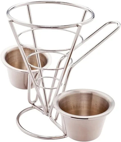 Vista 4 de Restaurantware Soporte para papas fritas de 4 x 5 pulgadas, 1 soporte para freír – con 2 soportes para salsas, soporte de cono de acero inoxidable