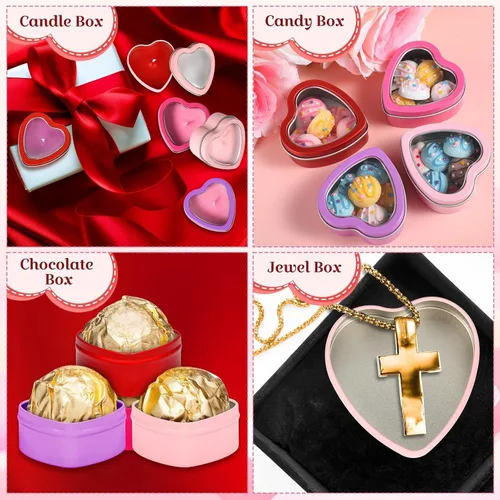 Vista 6 de Nuanchu 24 moldes de velas vacías para el día de San Valentín, latas de metal en forma de corazón rojo de 2 onzas con tapas de ventana