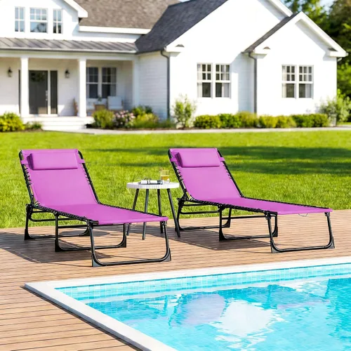Vista 9 de Folding Chaise Lounge Set (2): Purple, 4-Position Recliner, Breathable Mesh & Bungee Suspension, Powder-Coated Steel, 74.5" L