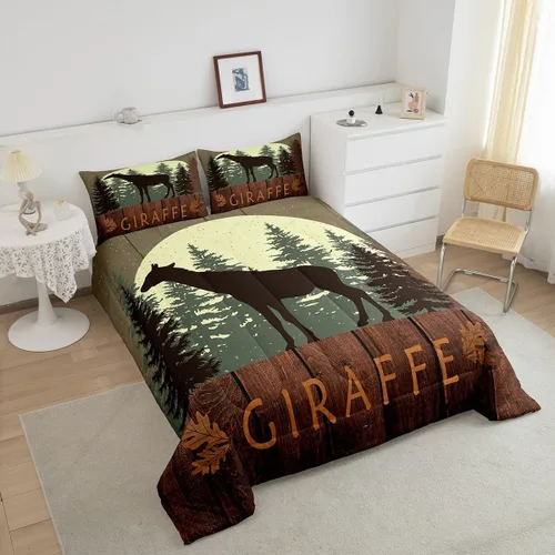 Vista 4 de Castle Fairy Cute Giraffe Bedding Set Twin Size 2 Pcs,Lodge Cabin Jungle Rustic Style Comforter Set for Kids Teens Adults,Wild Animal Pine Trees
