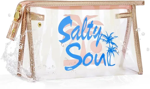 Vista 20 de COSHAYSOO Bolsa de Maquillaje Transparente con Protección Solar, Bolsa de Protector Solar con Parches de Letras, Accesorios Esenciales de Playa