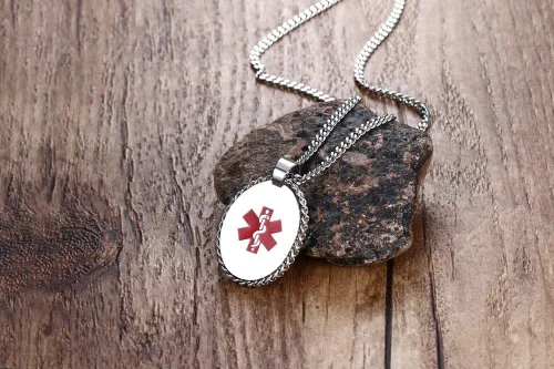 Vista 70 de VNOX Collar con colgante personalizado de acero inoxidable con grabado personalizado para identificación de alerta médica de emergencia para hombres