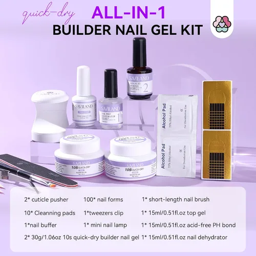 Vista 2 de Kit de gel para uñas de secado rápido Saviland - Gel duro formador rosa claro con mini luz UV, geles superiores, deshidratador, imprimación