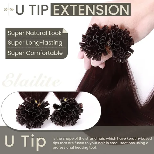Vista 3 de Elailite Extensiones de cabello humano con punta en U V3.0, cabello real unido con queratina, 16 pulgadas, pegamento de fusión de calor, 100% sin