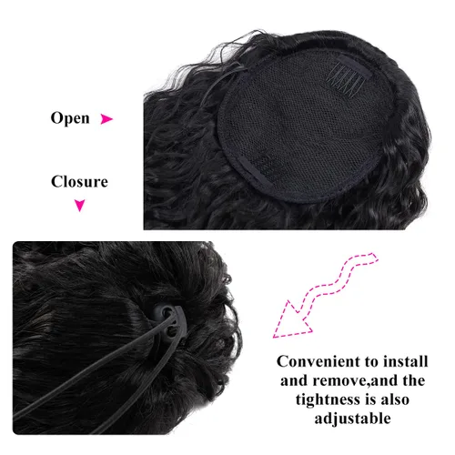 Vista 6 de Cola de caballo larga y rizada con cordón de 30 pulgadas, extensiones de cola de caballo sintéticas con clip, color negro para mujer, afro rizado