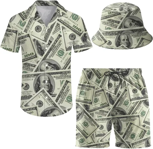 Vista 24 de Conjunto deportivo de 2 piezas para hombre, camisa hawaiana, pantalones cortos, camisa con botones y pantalones cortos con sombreros de pescador