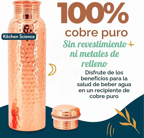 Vista 4 de Kitchen Science Authentic - Botella de agua de cobre de 34 onzas con correa de cuero negro, a prueba de fugas, probada en laboratorio, duradera