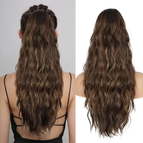 Vista 9 de Extension de cola de caballo con cordón de 26 pulgadas para mujer, extensiones de cola de caballo largas y onduladas, extensiones de cabello
