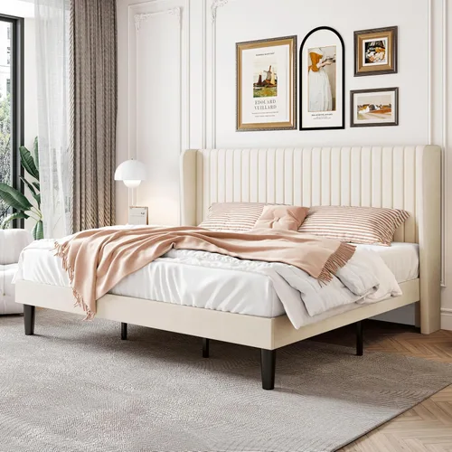 Vista 18 de SHA CERLIN - Marco de cama de terciopelo tamaño matrimonial, cabecera con alas copetudas, color negro 47'' Modern Vertical Channel Headboard