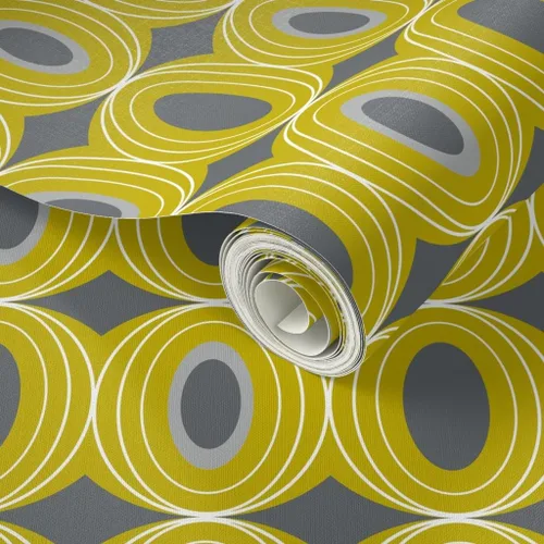 Vista 2 de Peel & Stick Wallpaper Swatch - Retro Geometric Mid Century Modern Yellow Gray Scale Geo Circles Vintage Custom Removable Wallpaper by Spoonflower