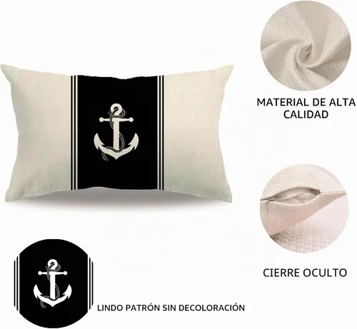 Vista 5 de 7COLORROOM Paquete de 2 fundas de almohada de vela náutica, patrón de ancla/brújula, rectangular, funda de cojín de cintura para decoración del Negro