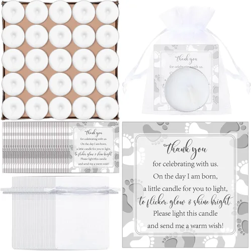 Vista 9 de 50 juegos de recuerdos de fiesta de baby shower, incluyendo 50 velas sin perfume para baby shower, bolsas de regalo, tarjetas para suministros