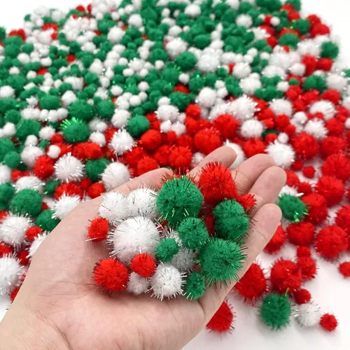 Vista 3 de Lusy DM 1200 piezas de pompones de Navidad con brillo, pompones de bolas de Navidad, escarcha de pompones para manualidades y suministros