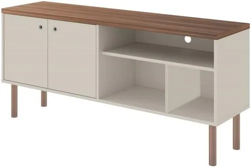 Vista 6 de Manhattan Comfort Windsor - Moderno mueble para TV con estantes multimedia y patas de madera maciza, 53.54 pulgadas, color blanco hueso, naturaleza