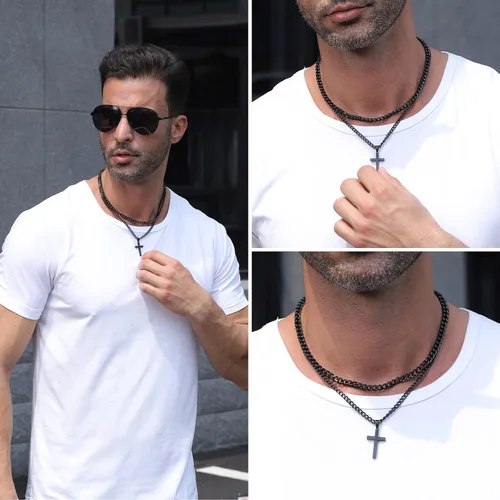 Vista 5 de Zocomi Collar de cruz de acero inoxidable en capas para hombres y niños, cadena de eslabones cubanos colgante de cruz, joyería religiosa regalos