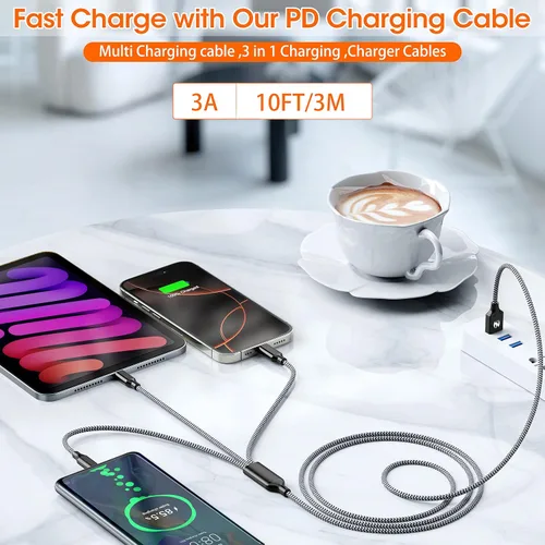Vista 2 de Cable de carga múltiple de 10 pies, paquete de 2 unidades, cargador USB 3 en 1, cable de carga largo multi iPhone de nylon trenzado, certificado