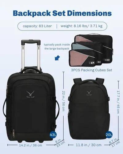 Vista 2 de Hynes Eagle Mochila de viaje 2 en 1 de 22 pulgadas, equipaje de mano de 63L, mochila con ruedas para hombres y mujeres con cubos de embalaje, juego