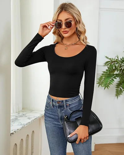 Vista 2 de 3 piezas de camisetas cortas básicas de manga larga para mujer, ajustadas, cuello redondo, color liso, casual, para mujer