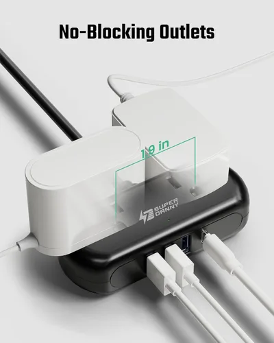 Vista 4 de SUPERDANNY - Cable de extensión de 2 pies, mini protector de sobretensiones con 2 tomas de corriente espaciadas amplias, tira de alimentación USB, 3