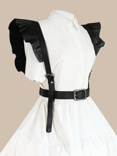 Vista 2 de OYOANGLE Arnés para mujer, cinturón punk, hebilla cuadrada, con volantes, tirantes ajustables para vestido