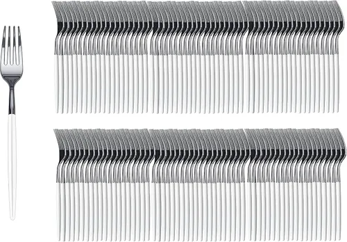 Vista 13 de Trendables Paquete de 120 tenedores de plástico resistente de dos tonos, impresionante tenedor de plástico desechable de doble color negro y dorado