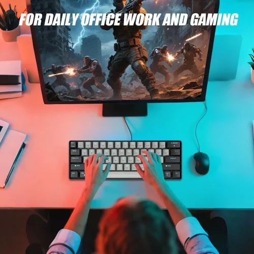 Vista 6 de abucow - Teclado mecánico 60% para juegos, interruptor azul, compacto con cable, anti-fantasma, sin conflictos, 61 teclas intercambiables, diseño