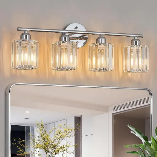 Vista 19 de Moderna lámpara de tocador de cristal de 2 luces, lámpara vertical de baño de níquel cepillado sobre espejo para tocador y lavabo, compatible