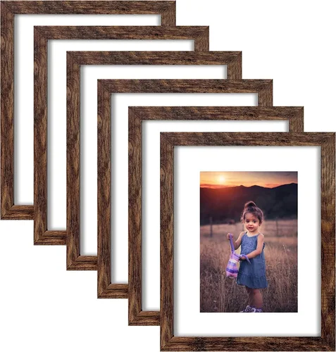 Vista 8 de Juego de 6 portarretratos de madera marrón rústica de 8 x 8, para fotos de 5 x 5 con paspartú o de 8 x 8 pulgadas sin paspartú, marcos de fotos