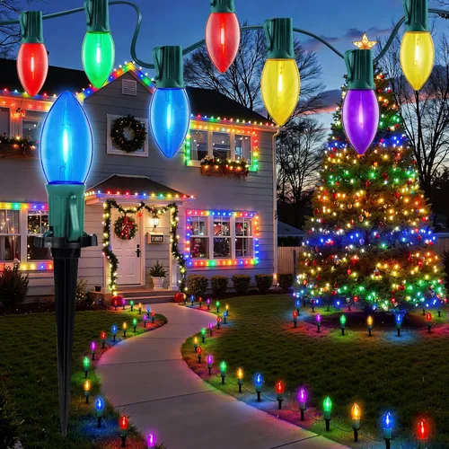 Vista 11 de Brightown Luces de Navidad C9 C9 para exteriores, 25.7 pies, fresa, C9, luces de camino de Navidad con 20 bombillas LED y estacas, decoraciones