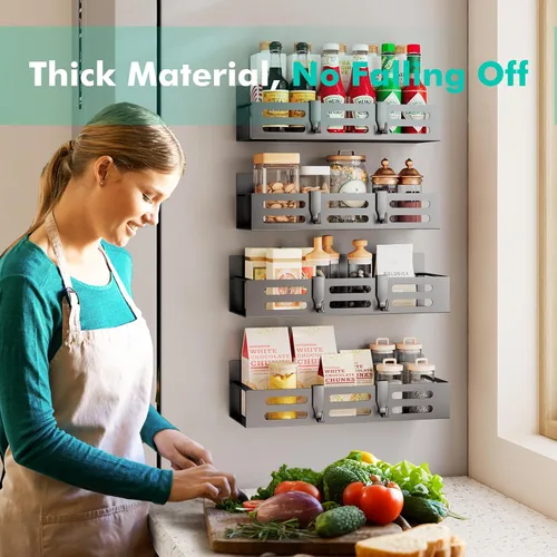 Vista 5 de SETBAOO Paquete de 4 estantes magnéticos para especias para refrigerador, estante magnético negro y nevera, organizador de gabinetes de cocina
