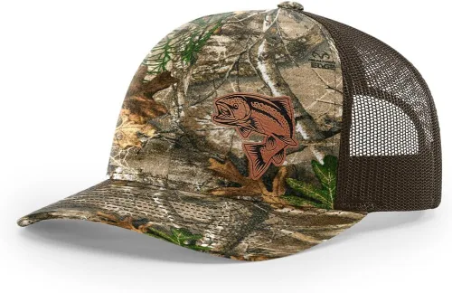Vista 18 de Sombrero de pesca de salmón con parche de cuero grabado láser Richardson 112 Snapback Trucker Cap