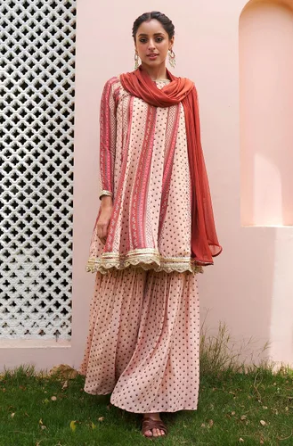 Vista 3 de Janasya Kurta con estampado floral digital Georgette multicolor para mujer con Sharara y Dupatta