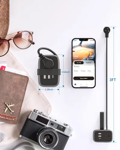 Vista 8 de NTONPOWER - Regleta de alimentación de viaje con puerto USB C, pequeña con enchufe plano, cable de extensión de viaje de múltiples enchufes, regleta