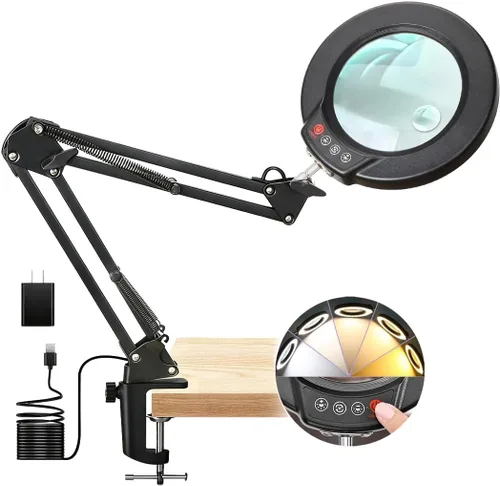Vista 14 de Lámpara de lupa de 10 aumentos con luz y soporte, lámpara de escritorio y abrazadera 2 en 1, Seylae con 5 modos de color, lupa iluminada LED