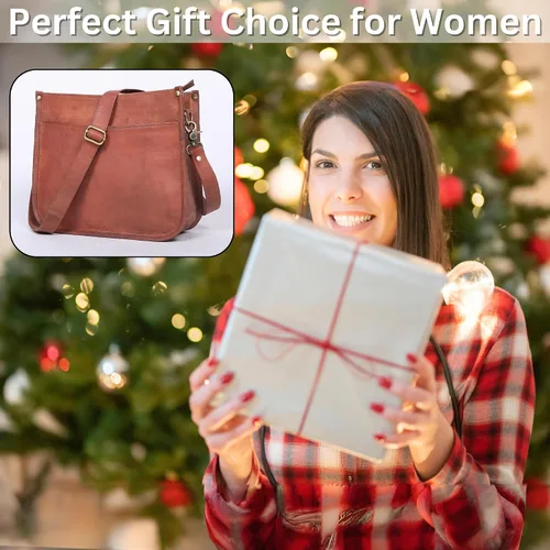 Vista 7 de Bolso cruzado de cuero genuino para mujer, bolso de cuero rústico marrón y marrón, tamaño mediano con bolsillo con cremallera, bonito bolso de uso