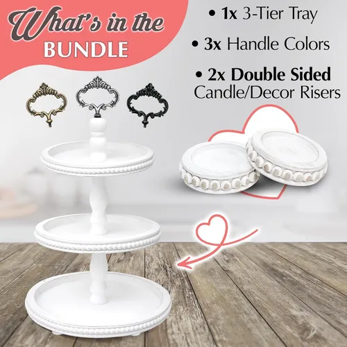 Vista 2 de Bandeja escalonada + mini elevadores con cuentas, soporte de bandeja de madera blanca de 3 niveles y juego de 2 elevadores de pedestal de velas