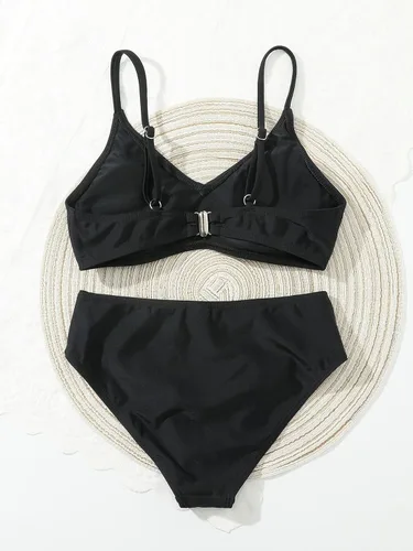 Vista 2 de MakeMeChic Conjunto de bikini sólido de verano para niña, traje de baño de dos piezas, cuello en V, correa ajustable