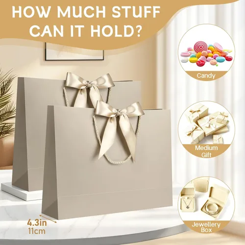 Vista 4 de JMANNI 12 bolsas de regalo de papel de boda con asa, bolsas medianas de regalo de agradecimiento de 13 pulgadas con lazo de cinta, regalos